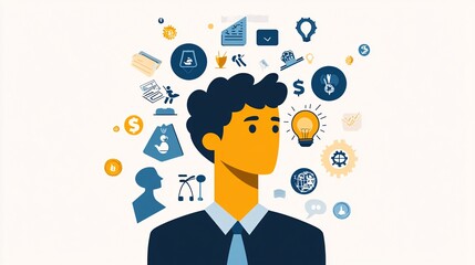 Aufkleber - Businessman is having new ideas for business success with a light bulb and icons around his head