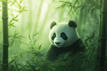 Fototapete - Charming panda portrait in a lush bamboo forest captures the essence of nature and wildlife tranquility. Generative AI