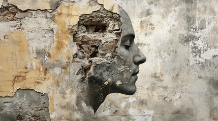 Poster - Image of a person's profile emerging from a deteriorating wall, evoking ideas of strength, fragility, and the passage of time