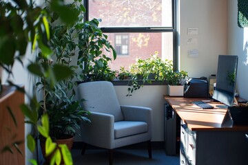 Wall Mural - Sunlit office with armchair, desk, computer, and abundant indoor plants by window.