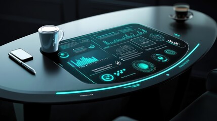 Wall Mural - A futuristic strategy concept featuring a smart desk with interactive AI-driven business analytics. Copy space.