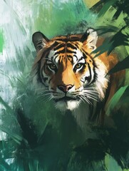 Poster - Impressionist tiger portrait with vibrant jungle foliage and blank space for creative text or title. Generative AI