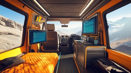 Wall Mural - A modern mobile tech startup office setup inside a spacious van, with dual monitors. Copy space.