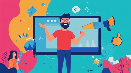 Poster - Marketing specialist presents rising chart and delivers speech through megaphone on screen to woman