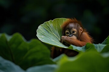 Poster - Adorable orangutan infant nestled amongst lush green foliage, hiding behind a large leaf.