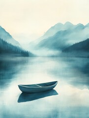 Poster - Serene watercolor depiction of a lone rowboat on a tranquil mountain lake with a blank sky for text. Generative AI