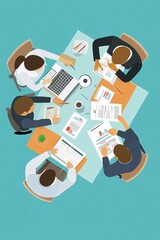 Poster - Business team collaborating on documents and using laptops at a meeting table, business meeting concept