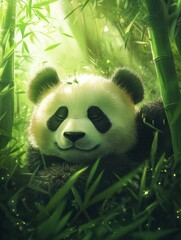 Fototapete - Panda portrait in a serene bamboo forest with lush greenery and soft light inviting tranquility and peace. Generative AI