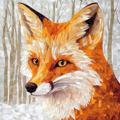 Poster - Intricate mosaic fox portrait set against a snowy forest backdrop with beautiful tessellated patterns showcasing natures beauty. Generative AI