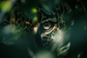 Poster - Close-up of a jaguar's eye peering through foliage in a dark, lush forest.