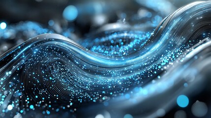 Wall Mural - abstract blue and grey waves with glowing particles, digital art.