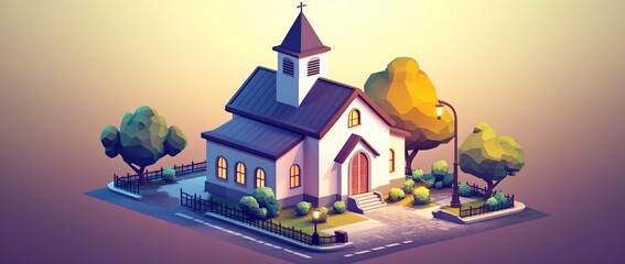 Wall Mural - Low-poly illustration of a quaint church nestled in a residential neighborhood, bathed in warm sunset light.