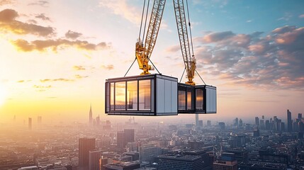 Canvas Print - Crane lifts modular home units over city skyline at sunset.