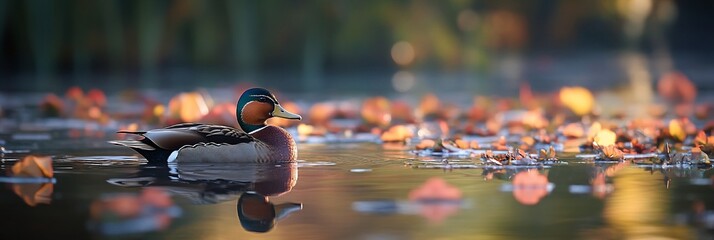 Wall Mural - Male mallard duck floats calmly on autumnal pond, sunlight reflecting on water.