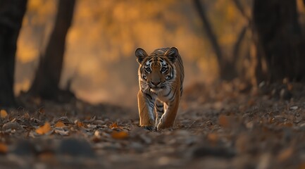 Poster - Young tiger walking towards camera in autumn forest at sunset.