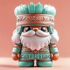 Wall Mural - 3D Render of a Cute Tribal Chieftain Figurine, Pastel Green and Peach Tones