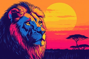 Aufkleber - Vibrant pop art lion portrait against a stunning savanna sunset with space for text and colors that captivate. Generative AI