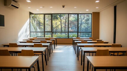 Canvas Print - Empty classroom with wooden desks and chairs, large window showing trees.