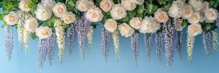 Wall Mural - Beautiful floral arrangement featuring roses and wisteria against blue background, creating serene and elegant atmosphere. Perfect for events or decor