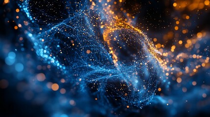 Wall Mural - abstract blue and orange glowing particles swirling in dark space.