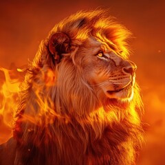 Poster - Majestic lion portrait with golden mane illuminated by sunset light creating a stunning natural glow. Generative AI