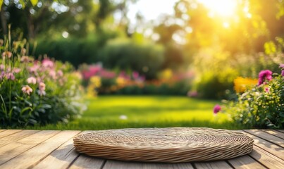 Poster - Wooden deck with wicker round tray in a vibrant sunlit garden.