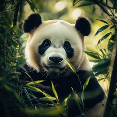 Poster - Panda relaxing in a bamboo forest with clear space for text and surrounding greenery. Generative AI
