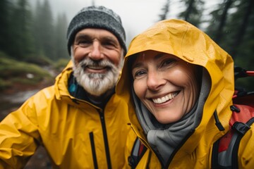 Smiling portrait of a senior Hikers taking a selfie while on hike