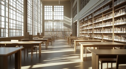 Poster - Sunlit library interior with wooden tables, chairs, and extensive bookshelves.