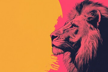 Aufkleber - Portrait of a lion in pop art style with vibrant colors and a sunset backdrop inviting personal expressions. Generative AI