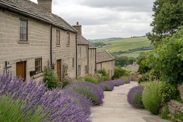 Wall Mural - Charming stone cottages line a sloping lane, bordered by vibrant lavender. Rolling hills form a picturesque backdrop under a cloudy sky.