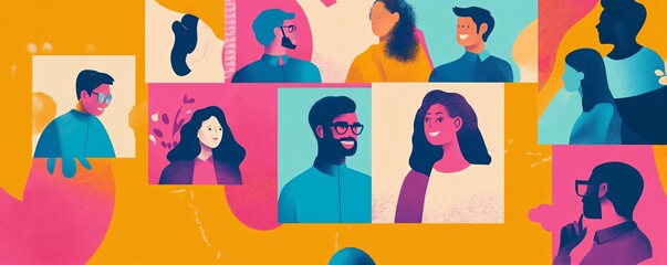 Poster - Diverse community of people illustrated in portraits against an orange background