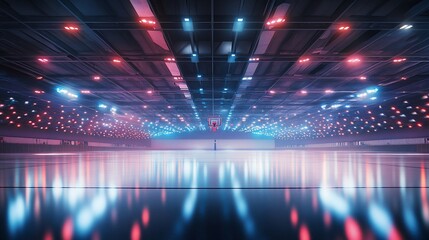 Wall Mural - Futuristic neon-lit indoor arena with reflective floor and vibrant lighting.