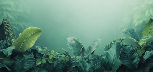 Poster - Lush green tropical foliage with large leaves against a misty background.