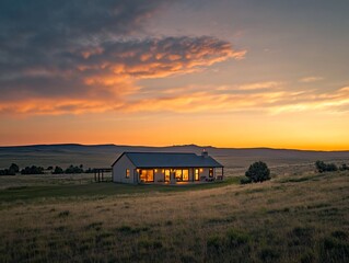 Wall Mural - Illuminated ranch house on a vast plain at sunset.