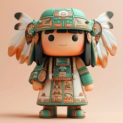 Wall Mural - Adorable 3D Render of a Native American Inspired Figurine with Intricate Headress