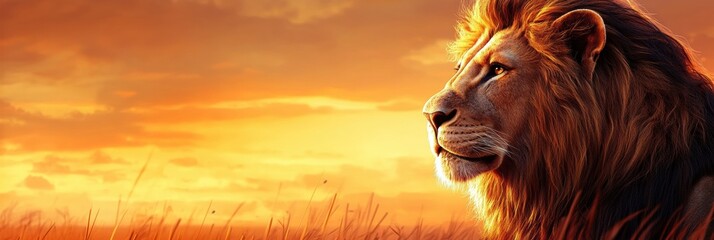 Poster - Majestic lion with glowing mane captured in warm sunset light, perfect for showcasing text. Generative AI