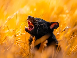 tasmanian devil growls in golden meadow displaying wildlife conservation and predator behavior.