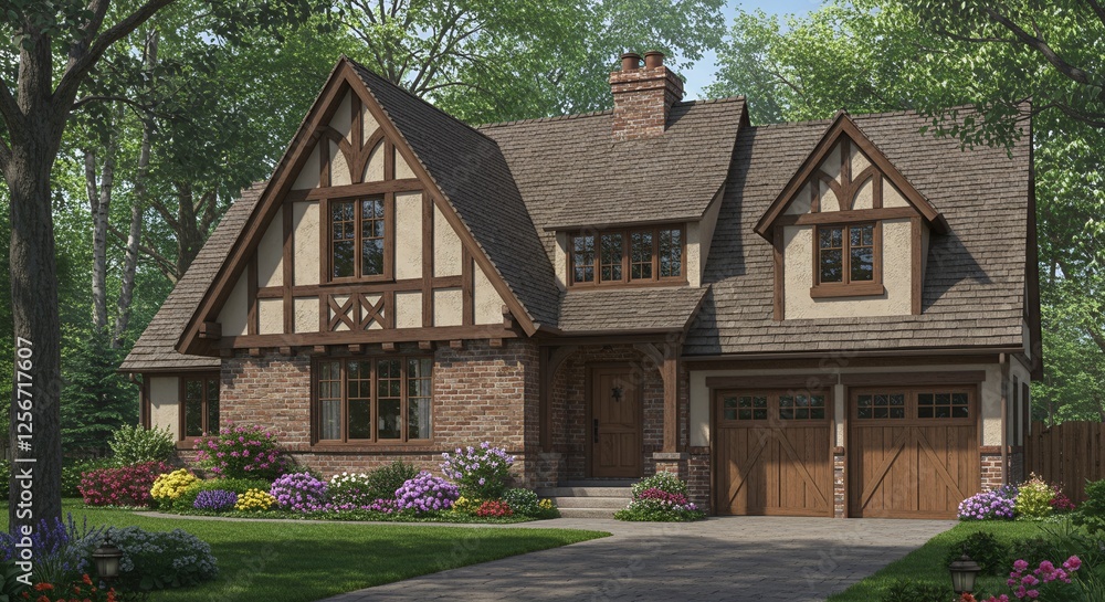 Tutor Timber Ranch Tudor style home showcasing brick and timber details with garage Stock ...