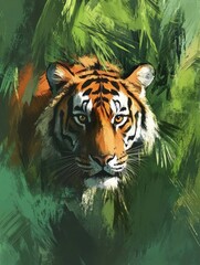 Poster - Vibrant tiger portrait in a lush jungle setting creating an engaging atmosphere for artistic expression. Generative AI