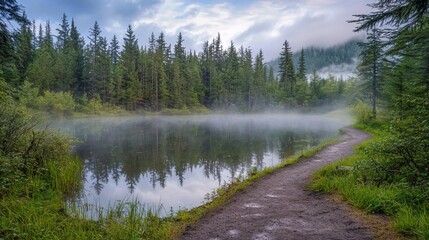 Wall Mural - Misty morning path alongside tranquil lake in coniferous forest.