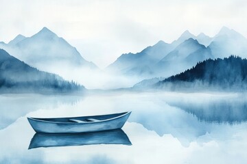 Poster - Serene watercolor illustration featuring a rowboat on a calm mountain lake with a vast blank sky for text. Generative AI