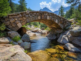 Canvas Print - Stone arch bridge over a clear mountain stream, nestled in a picturesque valley with towering mountains and lush greenery.