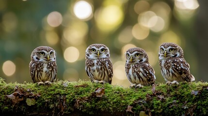 Poster - Four little owls perched on a mossy branch in a forest.