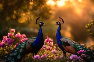 Sticker - Two peacocks facing each other amidst blooming pink flowers during sunset.