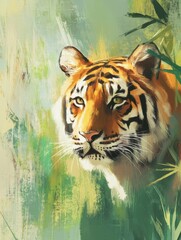 Poster - Impressionist tiger portrait in a vibrant jungle setting with blank space for text. Generative AI