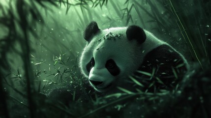Fototapete - Panda peacefully resting in a lush bamboo forest surrounded by greenery and dappled light. Generative AI
