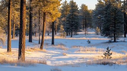 Poster - Sunrise in a snow-covered pine forest with frost-covered grass.