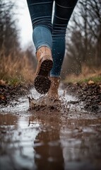 Canvas Print - Walking through a muddy puddle. AI.