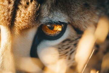 Poster - Close-up of a cheetah's eye, partially hidden by grass, in warm sunlight.